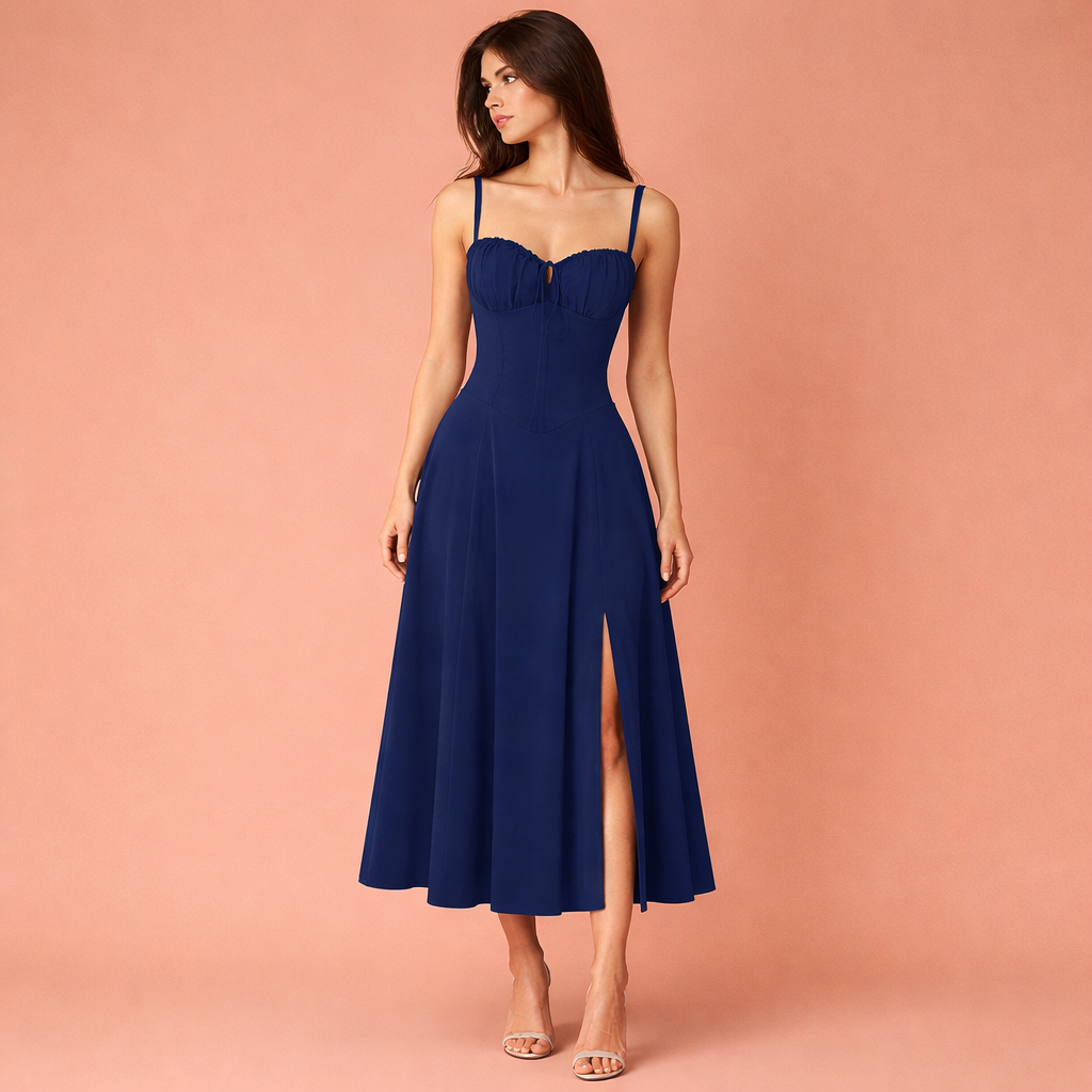 Dames midi jurk in marineblauw met minimalistisch design, zacht en comfortabel voor casual en stijlvolle outfits.