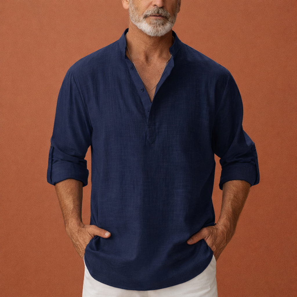 Heren linnen overhemd in marineblauw met klassiek design, ademend en comfortabel voor casual en stijlvolle outfits.