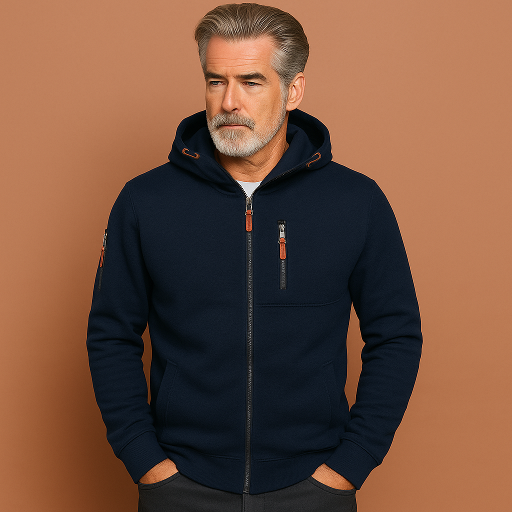 Marineblauw heren herfstvest met ritssluiting en comfortabele pasvorm, ideaal voor frisse dagen en stijlvolle outfits.