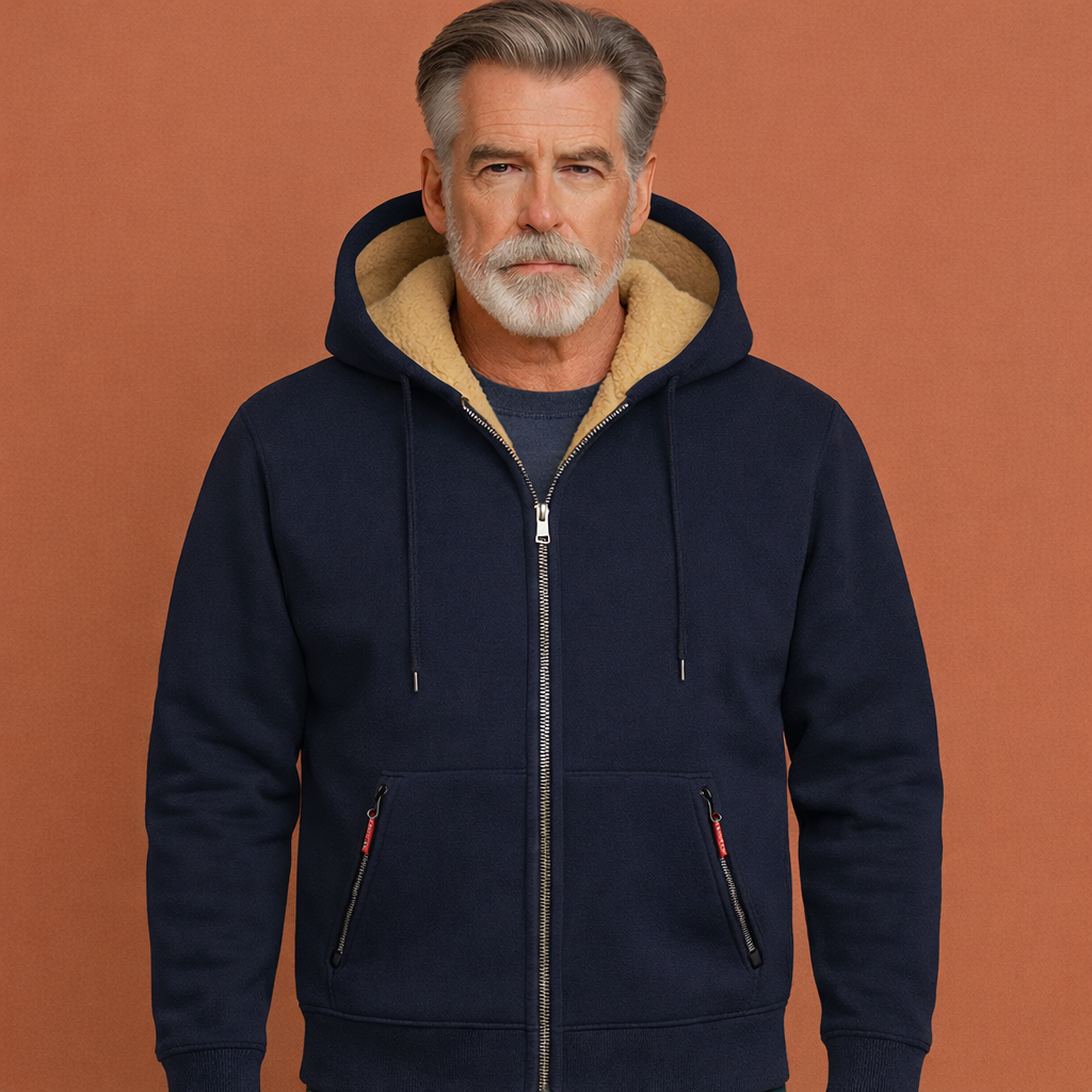 Marineblauw jack met capuchon en ritssluiting voor heren, geschikt voor dagelijks gebruik en outdoor activiteiten.