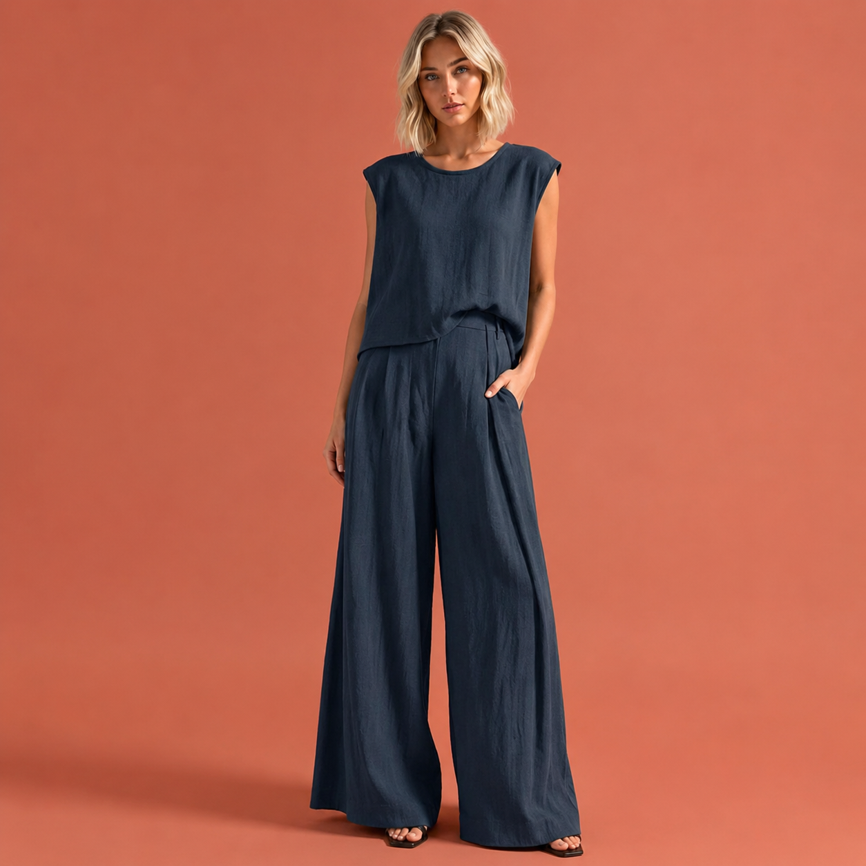 Dames linnen set in marineblauw met minimalistisch design, zacht en comfortabel voor casual en stijlvolle outfits.