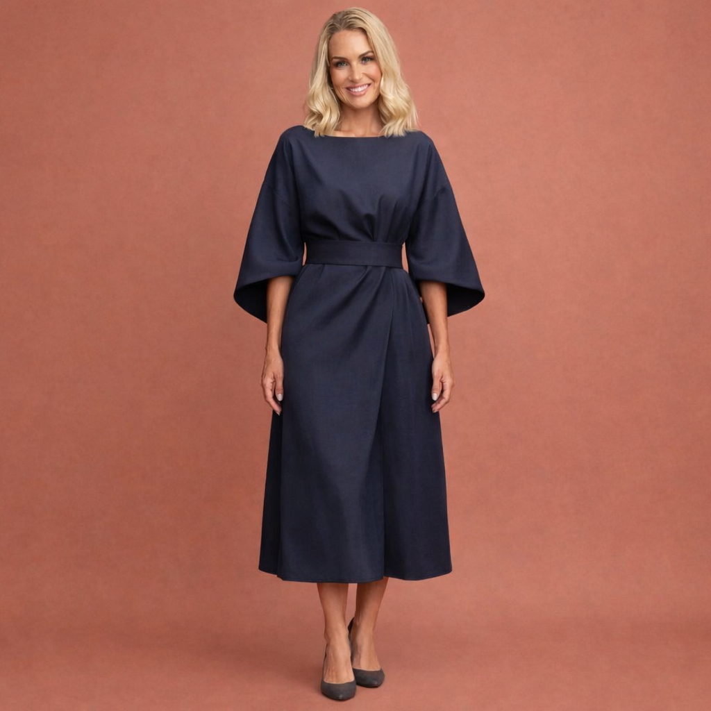 Dames maxi jurk in marineblauw met minimalistisch design, zacht en comfortabel voor casual en stijlvolle outfits.