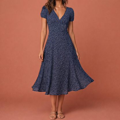 Dames midi jurk in marineblauw met minimalistisch design, zacht en comfortabel voor casual en stijlvolle outfits.