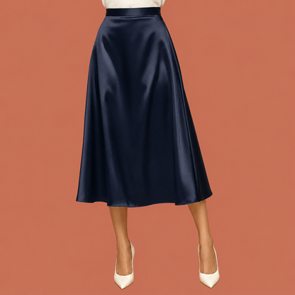 Dames midi rok in marineblauw met minimalistisch design, zacht en comfortabel voor casual en stijlvolle outfits.
