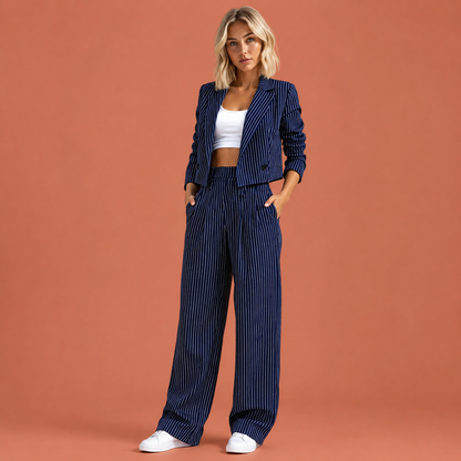 Dames set in marineblauw met minimalistisch design, zacht en comfortabel voor casual en stijlvolle outfits.