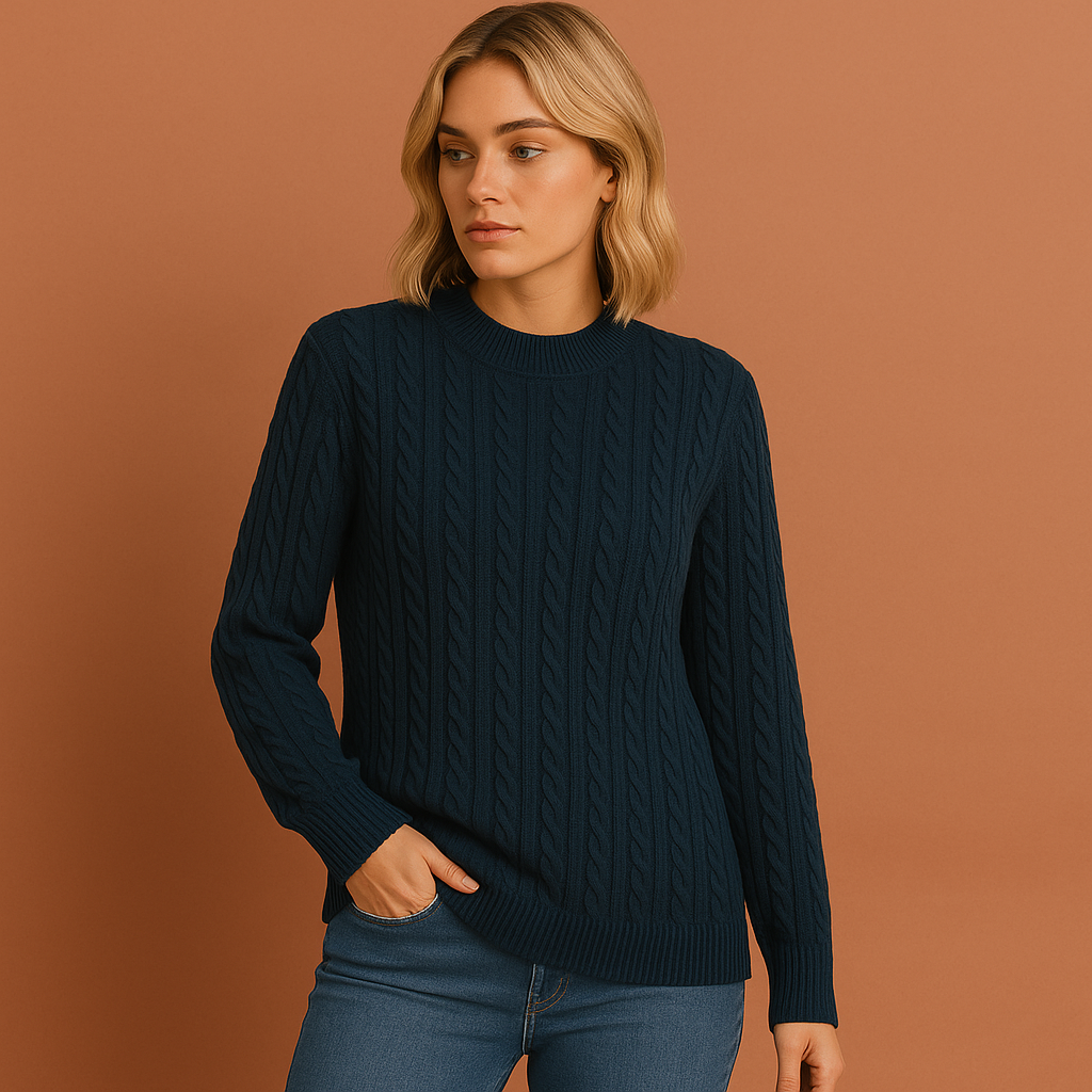 Damestrui in marineblauw met klassiek kabelpatroon, zacht en comfortabel voor casual en stijlvolle winterlooks.