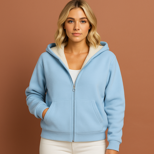 Marineblauwe dames hoodie met fleecevoering en capuchon, perfect voor koude dagen en casual outfits.