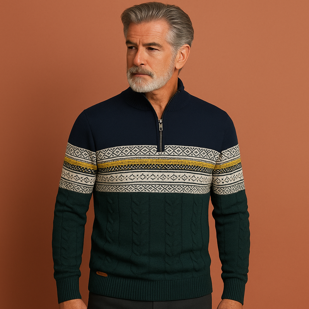 Marineblauwe gebreide trui voor heren met moderne pasvorm, ideaal voor dagelijkse en nette outfits.