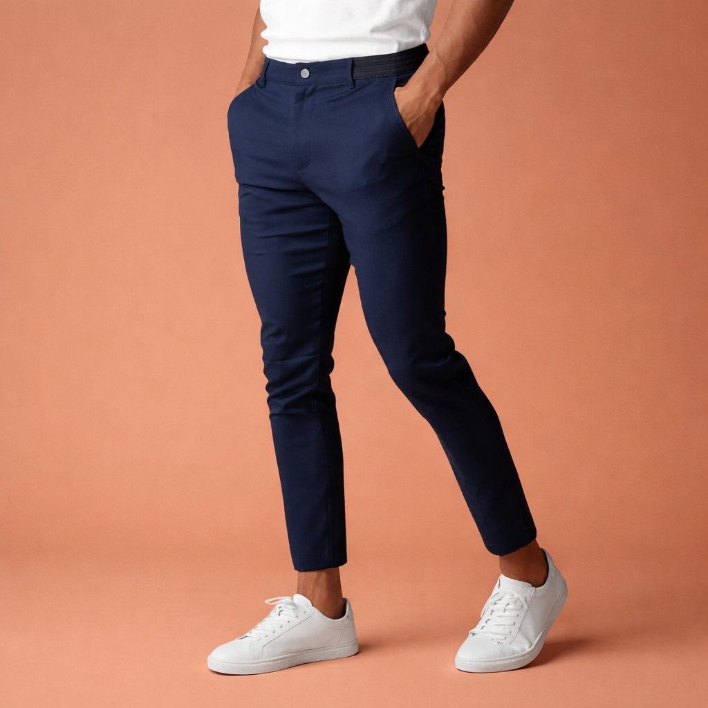 Heren chino broek in marineblauw met minimalistisch design, zacht en comfortabel voor casual en stijlvolle outfits.