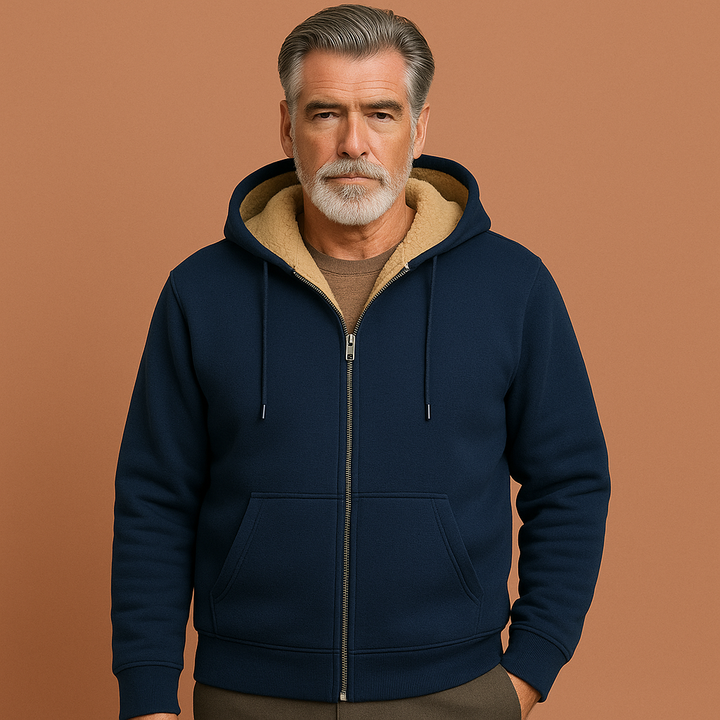 Heren fleece trui in marineblauw met bontvoering, warm en comfortabel voor casual en stijlvolle outfits in de herfst en winter.