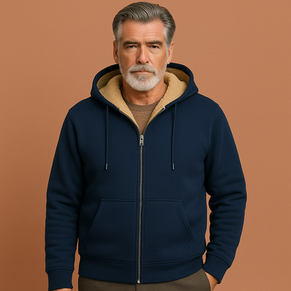 Heren fleece trui in marineblauw met bontvoering, warm en comfortabel voor casual en stijlvolle outfits in de herfst en winter.
