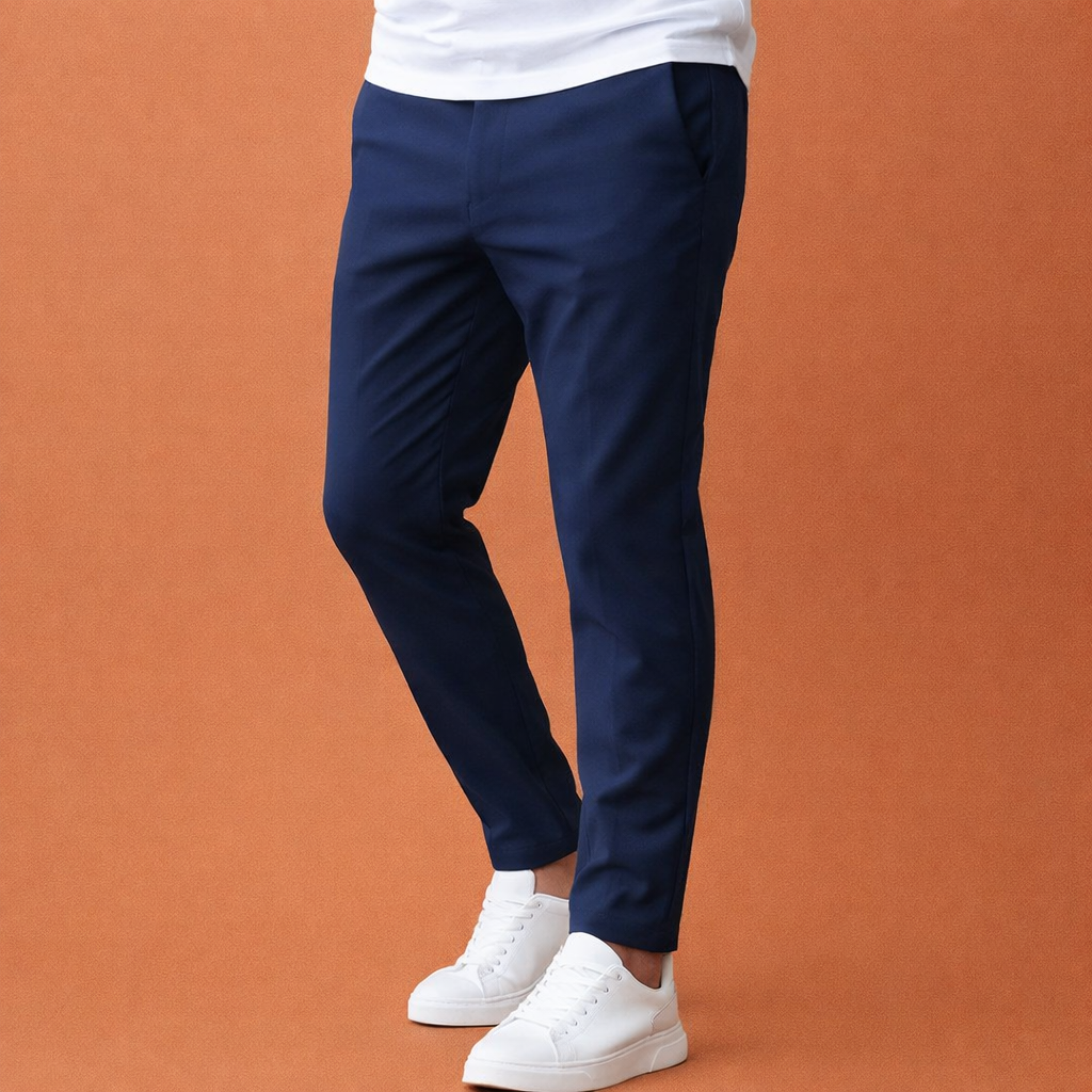 Heren broek in marineblauw met minimalistisch design, zacht en comfortabel voor casual en stijlvolle outfits.