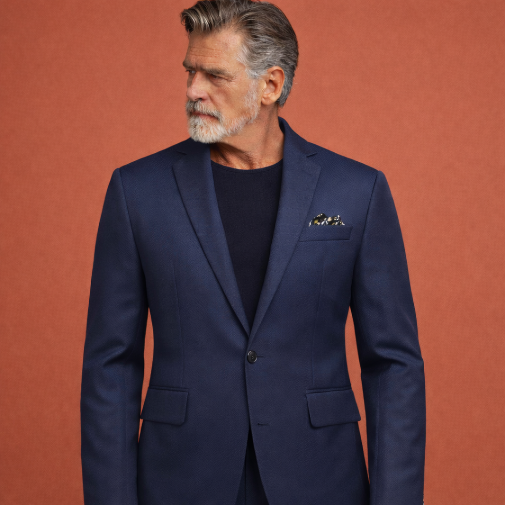 Marineblauwe herenjas met reverskraag en klepzakken, geschikt voor dagelijks gebruik en nette outfits.