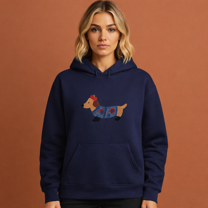 Marineblauwe oversized hoodie voor dames met geborduurde teckel en kangoeroezak, perfect voor casual en comfortabele outfits.