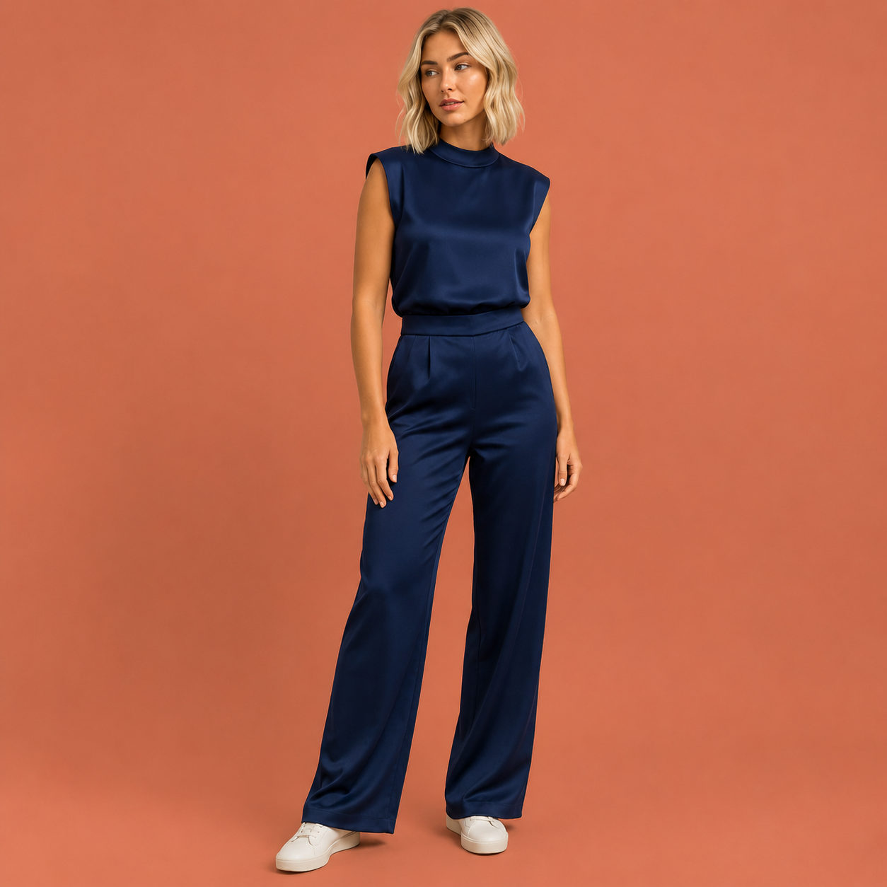 Dames jumpsuit in marineblauw met minimalistisch design, zacht en comfortabel voor casual en stijlvolle outfits.