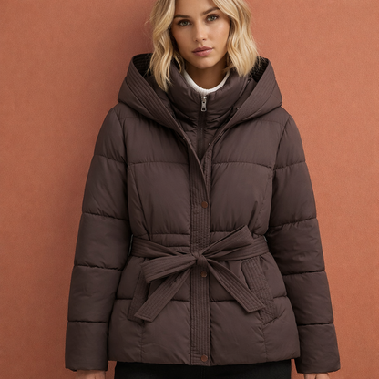 Marron elegante damesjas met capuchon en ceintuur, comfortabel en stijlvol voor dagelijks gebruik tijdens koude dagen.