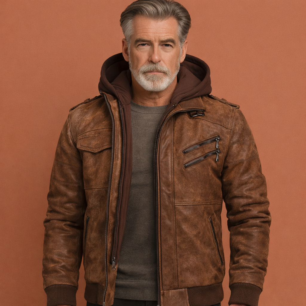 Marron herenjas met capuchon en meerdere zakken, geschikt voor dagelijks gebruik en comfortabele outdoor outfits.1