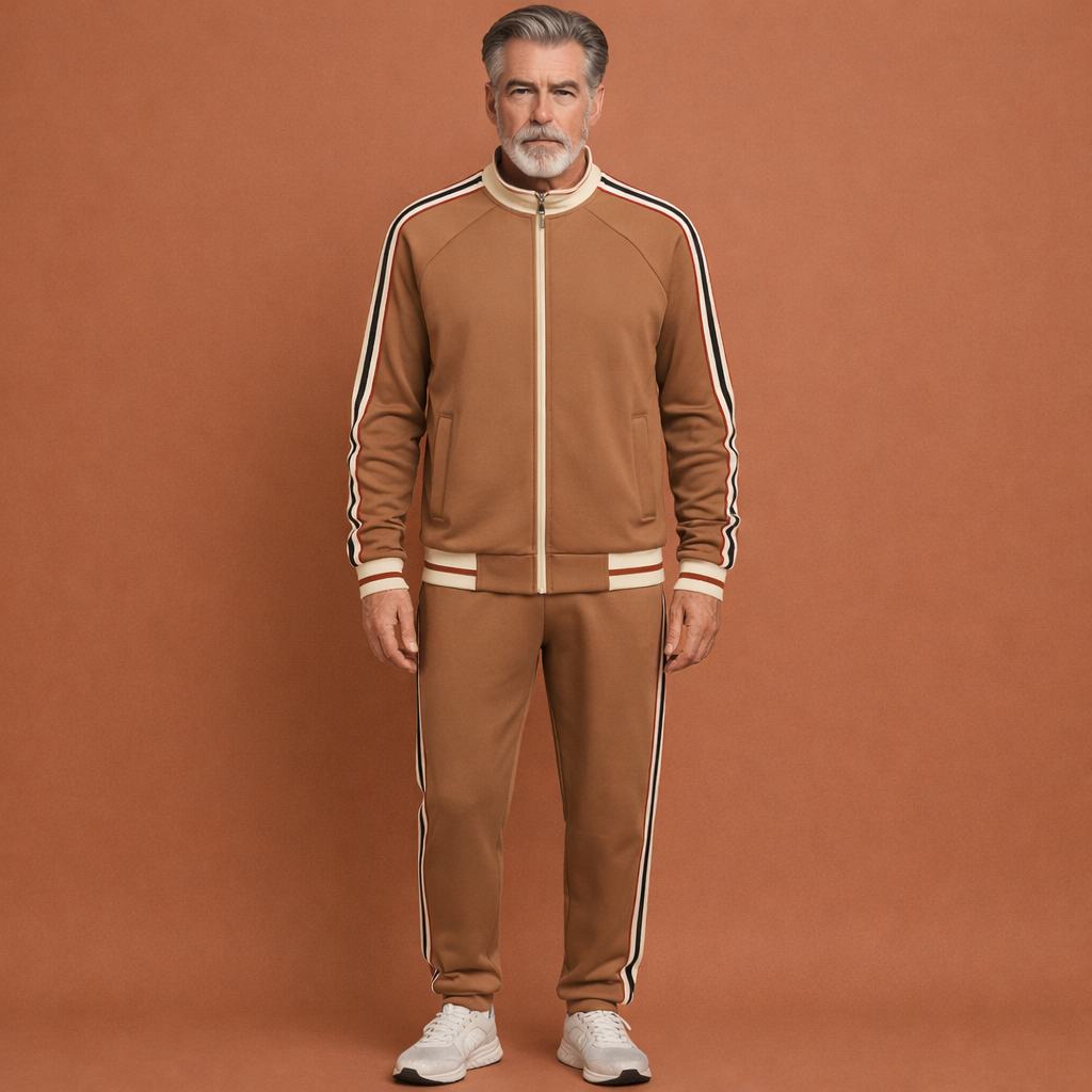 Marron stijlvol heren trainingspak met strepen en comfortabele pasvorm, ideaal voor sport en casual gebruik.