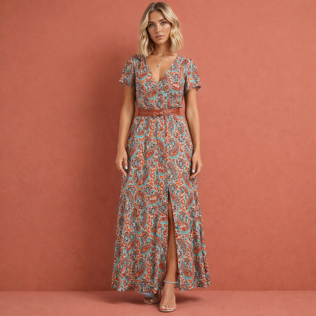 Meerkleurige boho maxi-jurk voor dames met paisleypatroon en ceintuur, perfect voor zomerse dagen en ontspannen gelegenheden.
