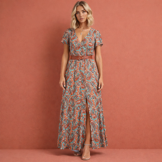 Meerkleurige boho maxi-jurk voor dames met paisleypatroon en ceintuur, perfect voor zomerse dagen en ontspannen gelegenheden.