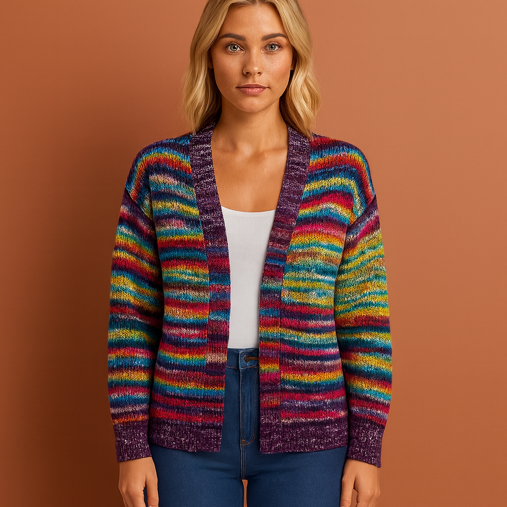 Stijlvolle meerkleurige dames cardigan in rood en geel, zacht en comfortabel voor casual en modieuze outfits.