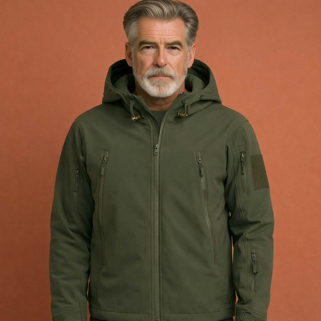 Militairgroene tactische jas voor heren met verstelbare capuchon en ritssluiting, geschikt voor dagelijks gebruik en outdoor activiteiten.