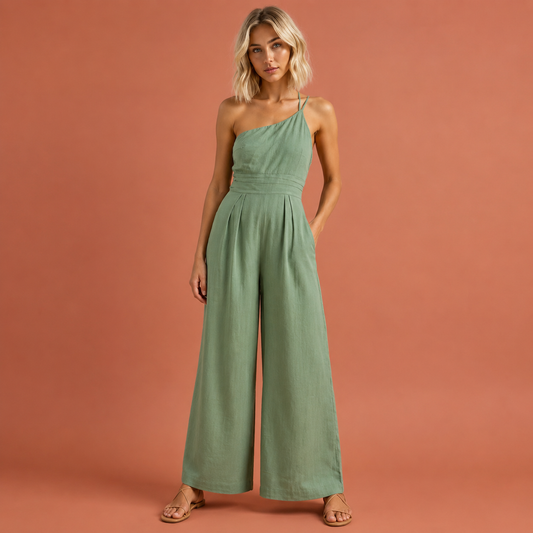 Dames jumpsuit in mintgroen met minimalistisch design, zacht en comfortabel voor casual en stijlvolle outfits.