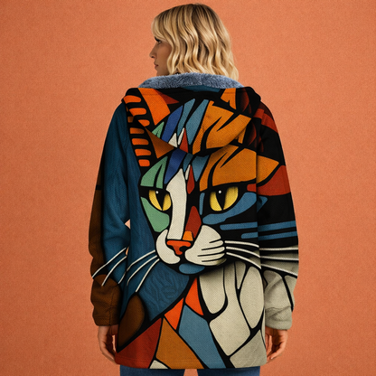 Multicolor dames cardigan met capuchon en abstracte kattenprint, ideaal voor casual outfits en creatieve streetwear looks.