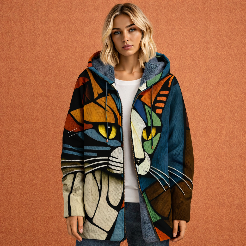 Multicolor dames cardigan met capuchon en abstracte kattenprint, ideaal voor casual outfits en creatieve streetwear looks