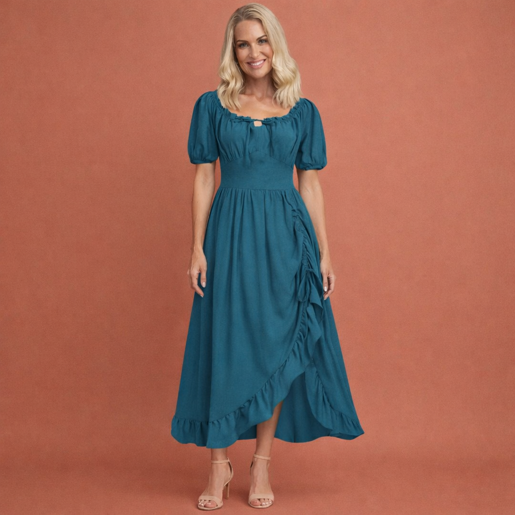 Dames midi jurk in navy blauw met minimalistisch design, zacht en comfortabel voor casual en stijlvolle outfits.