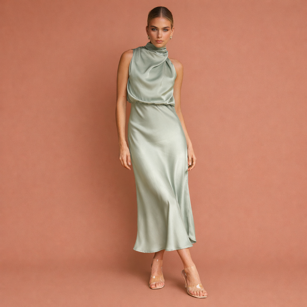 Dames maxi jurk in Olijfgroen met minimalistisch design, zacht en comfortabel voor casual en stijlvolle outfits.