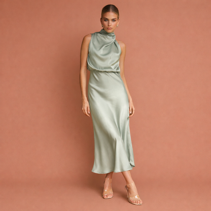 Dames maxi jurk in Olijfgroen met minimalistisch design, zacht en comfortabel voor casual en stijlvolle outfits.