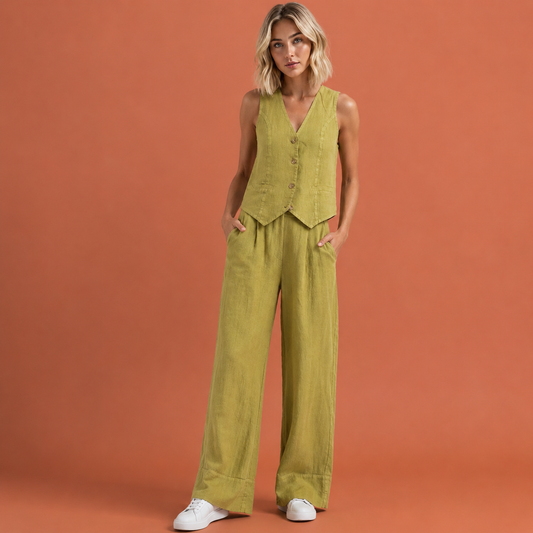 Dames linnen set in olijfgroen met minimalistisch design, zacht en comfortabel voor casual en stijlvolle outfits.