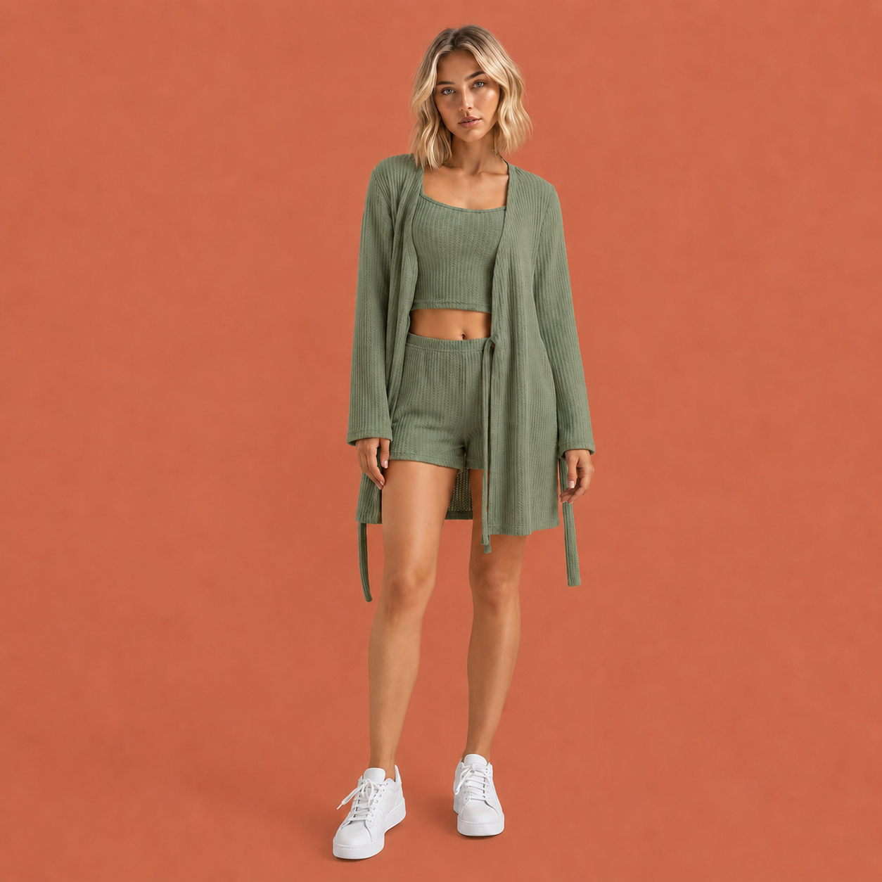 Dames loungewear set in olijfgroen met minimalistisch design, zacht en comfortabel voor casual en stijlvolle outfits.