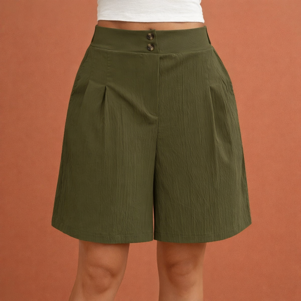 Dames shorts in olijfgroen met minimalistisch design, zacht en comfortabel voor casual en stijlvolle outfits.