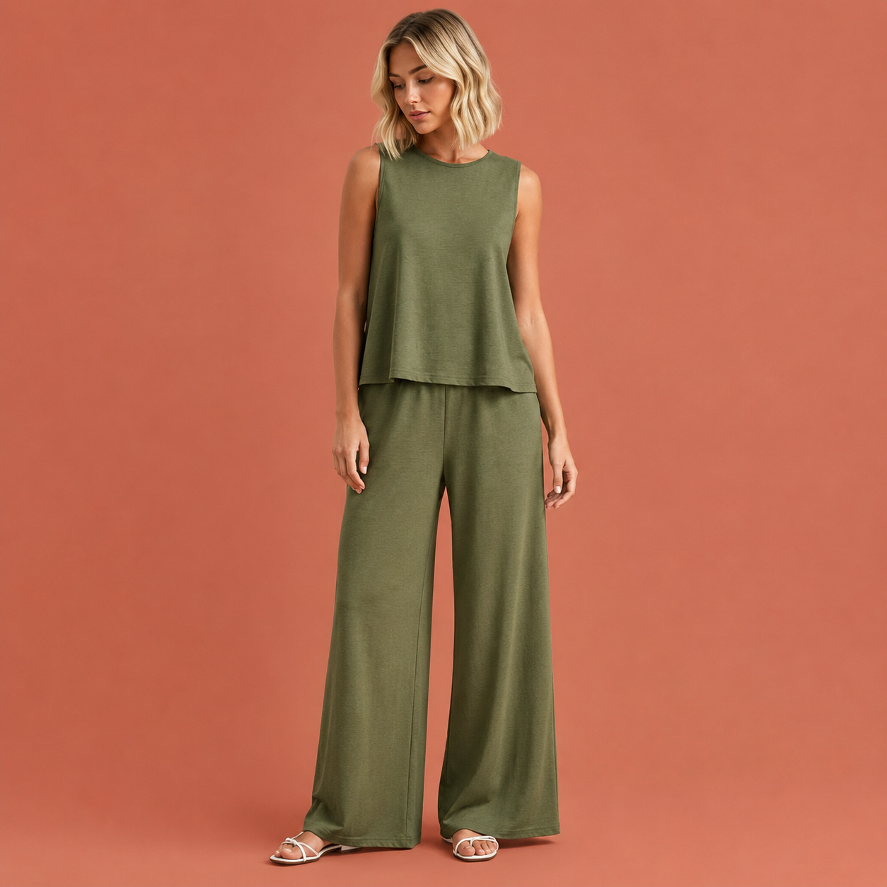 Dames zomer set in olijfgroen met minimalistisch design, zacht en comfortabel voor casual en stijlvolle outfits.