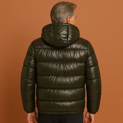 Heren puffer jacket in olijfgroen met waterafstotend design, warm en comfortabel voor koude winterdagen.