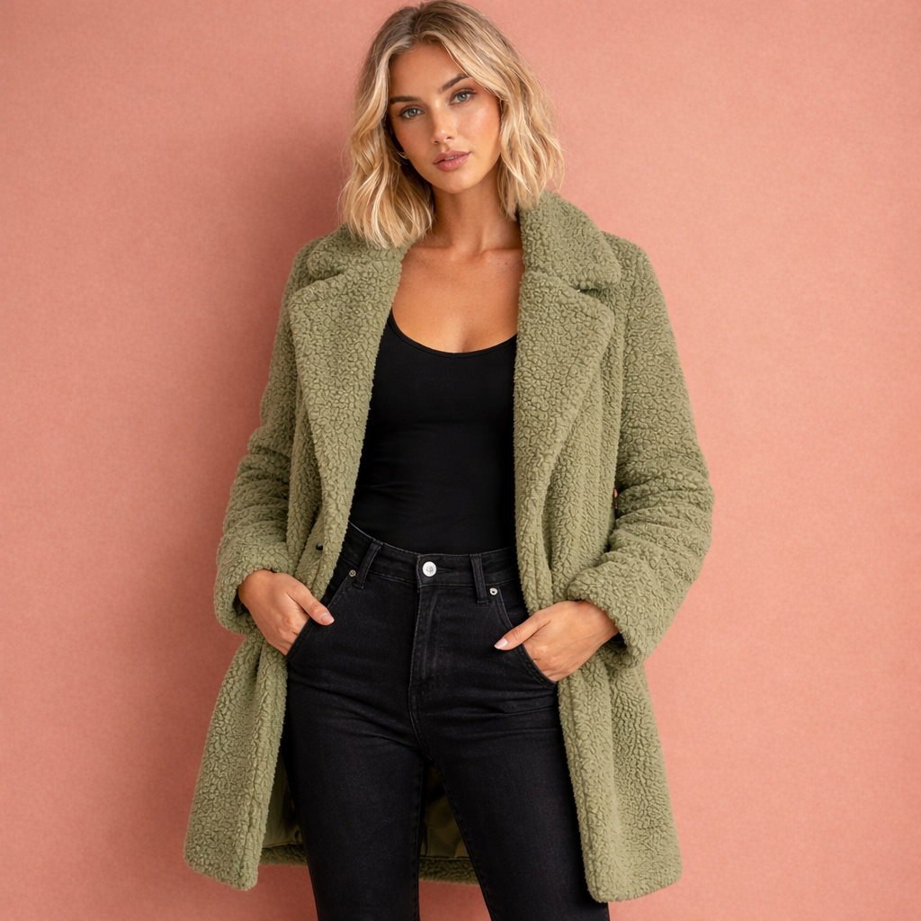 Olijfgroene dames lange jas met brede revers en comfortabele pasvorm, ideaal voor dagelijks gebruik en stijlvolle outfits.