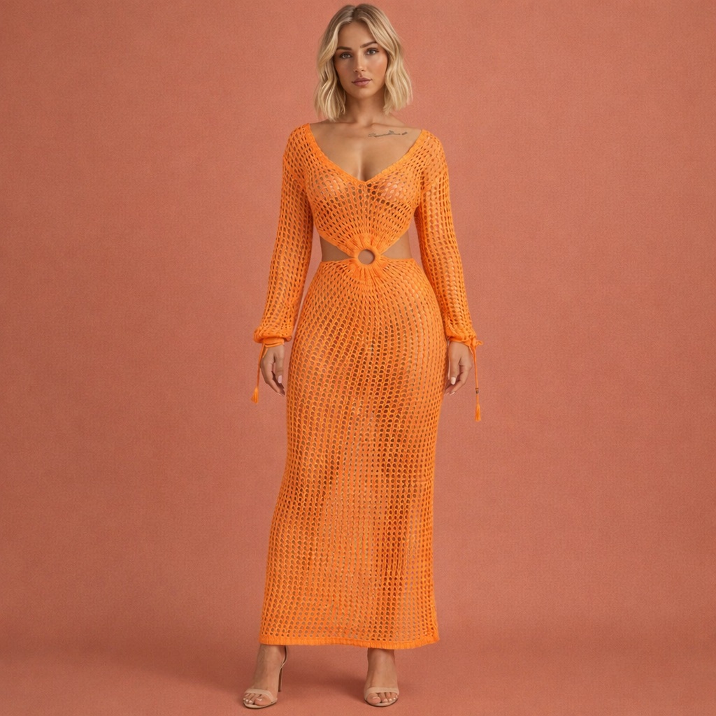 Oranje boho strandjurk voor dames met cut-outs, perfect voor zomerse vakanties, stranddagen en casual outfits.
