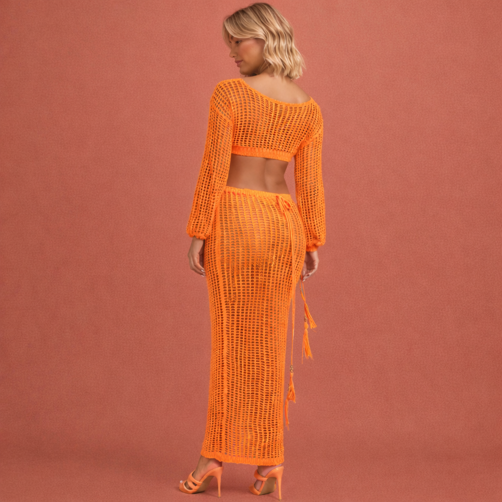 Oranje boho strandjurk voor dames met cut-outs, perfect voor zomerse vakanties, stranddagen en casual outfits.1