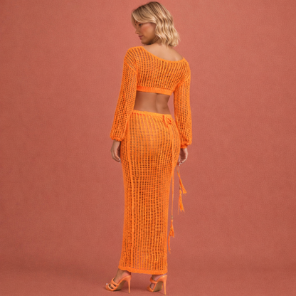 Oranje boho strandjurk voor dames met cut-outs, perfect voor zomerse vakanties, stranddagen en casual outfits.1