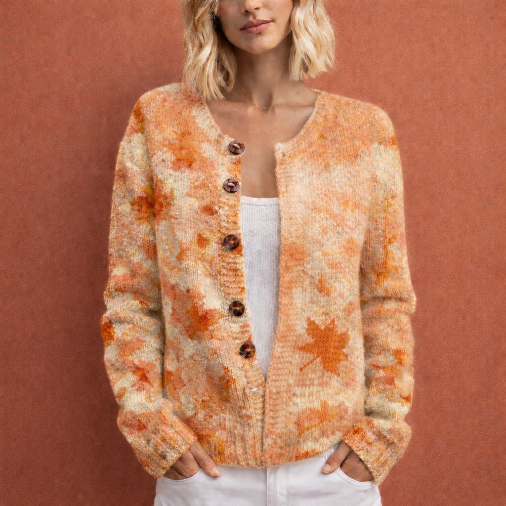 Oranje chique dames cardigan met bloemmotief en comfortabele pasvorm, ideaal voor dagelijks gebruik en koude dagen.