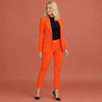 Dames broekpak in oranje met minimalistisch design, zacht en comfortabel voor casual en stijlvolle outfits.