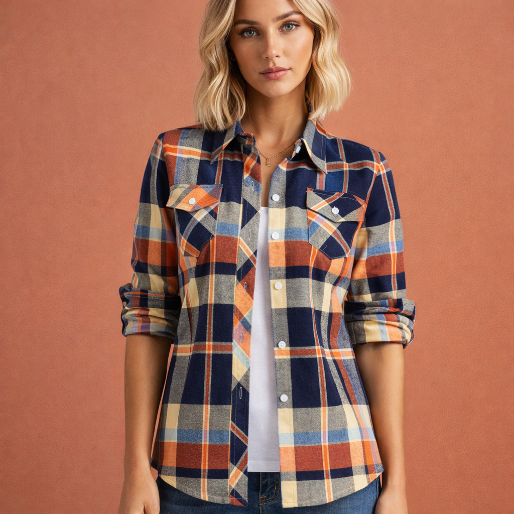 Dames overhemdblouse in oranje met minimalistisch design, zacht en comfortabel voor casual en stijlvolle outfits.