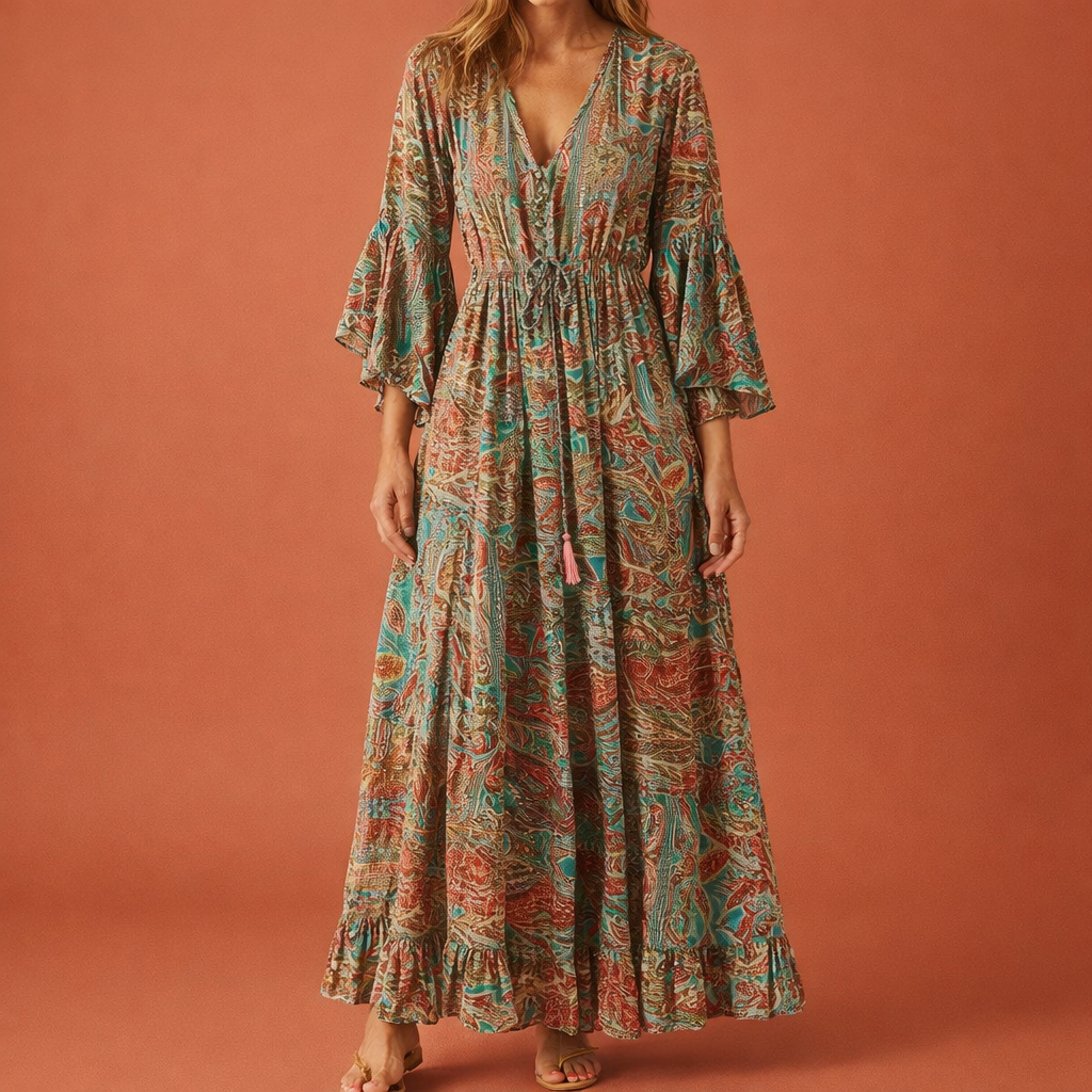 Dames maxi jurk in oranje met minimalistisch design, zacht en comfortabel voor casual en stijlvolle outfits.