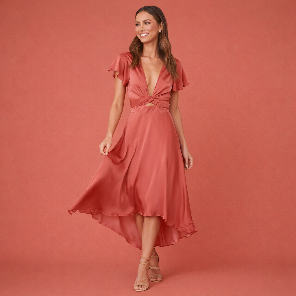 Dames maxi jurk in oranje met minimalistisch design, zacht en comfortabel voor casual en stijlvolle outfits.
