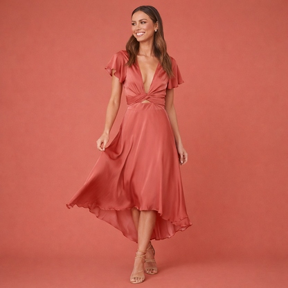 Dames maxi jurk in oranje met minimalistisch design, zacht en comfortabel voor casual en stijlvolle outfits.