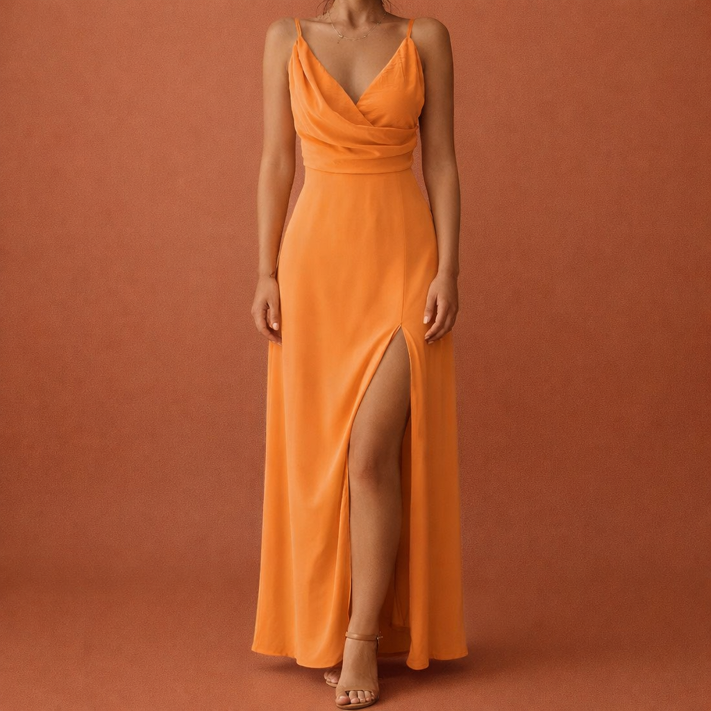 Dames maxi jurk in oranje met minimalistisch design, zacht en comfortabel voor casual en stijlvolle outfits.