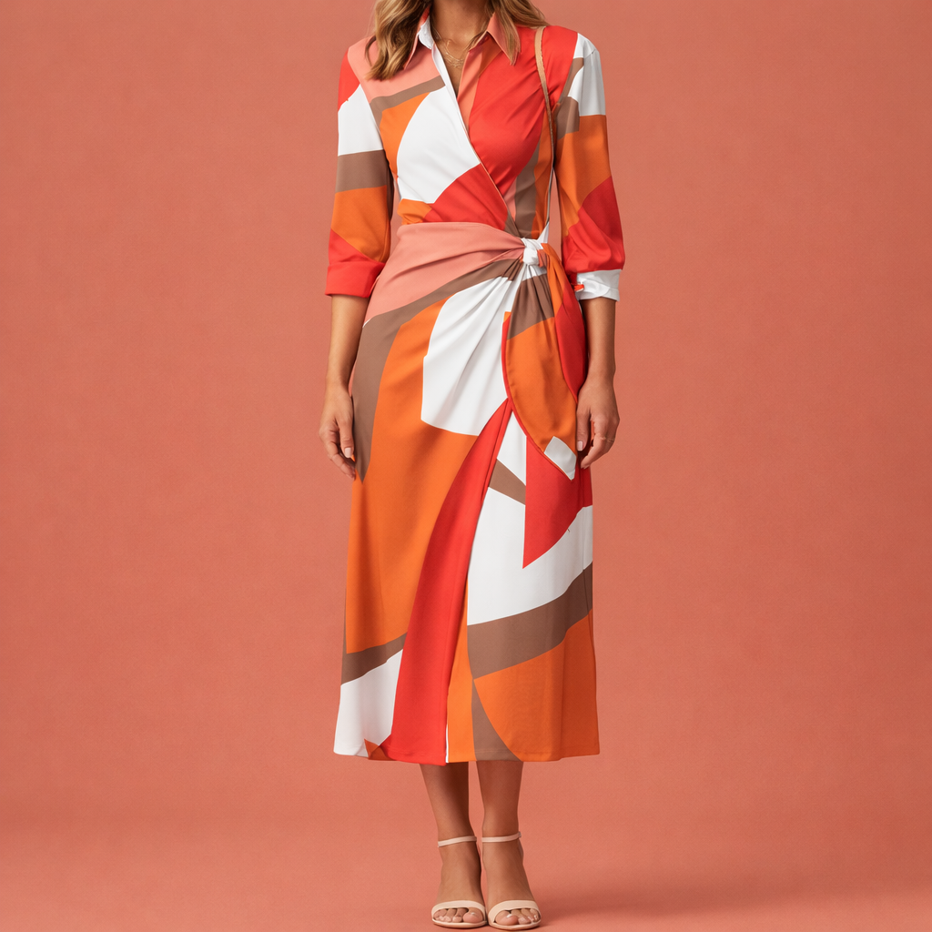 Dames wikkeljurk in oranje met minimalistisch design, zacht en comfortabel voor casual en stijlvolle outfits.