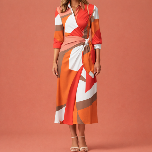 Dames wikkeljurk in oranje met minimalistisch design, zacht en comfortabel voor casual en stijlvolle outfits.